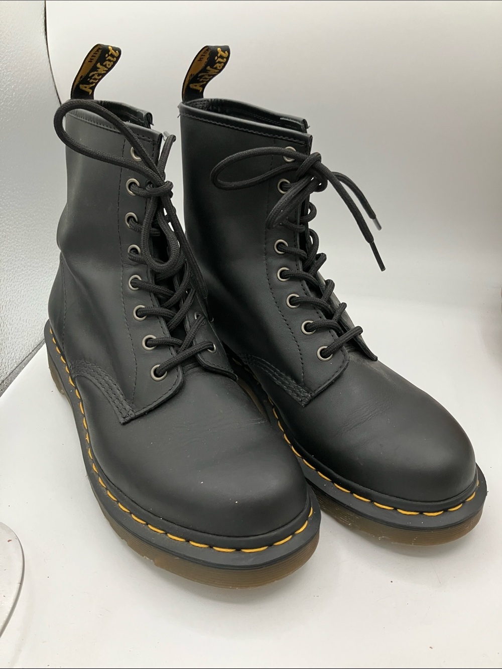 Dr. Martens Black Leather Lace-Up Combat Boots with Yellow Stitching